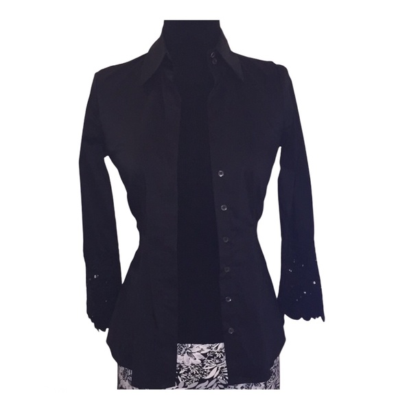 New BCBG Woven Cotton Black Down Button Top Sz XS - Picture 8 of 11